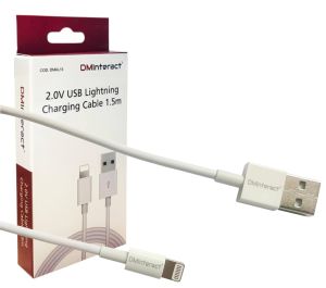 DMInteract 1.5meters, 5V/2A, 480Mbps, 2.0V USB A to Lightning Cable Nickel Plated with White Plastic Housing for Mobile Phones, Tablets, Laptops and Accessories with USB Lightning Connectors
